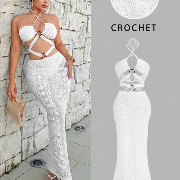 SHEIN Dresses & Skirts - White Crochet Halter Maxi Dress